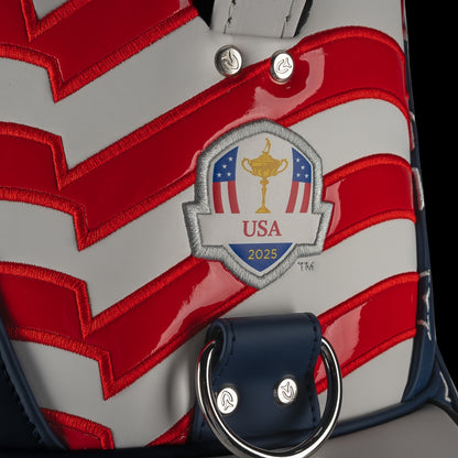 SWAG Golf x Official Ryder Cup 2024 Team Vessel Prime Staff 2.0 golf bag. Featuring a red, white, and blue USA design.