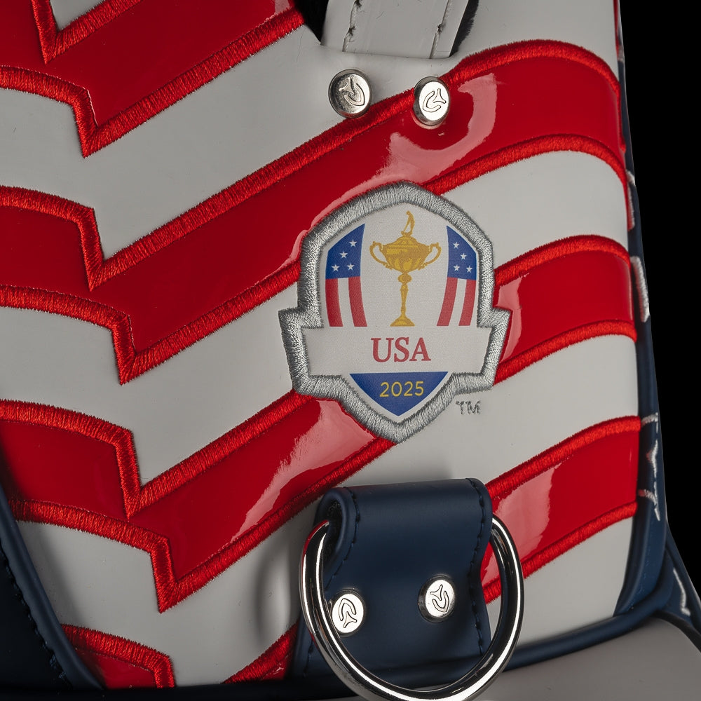 SWAG Golf x Official Ryder Cup 2024 Team Vessel Prime Staff 2.0 golf bag. Featuring a red, white, and blue USA design.