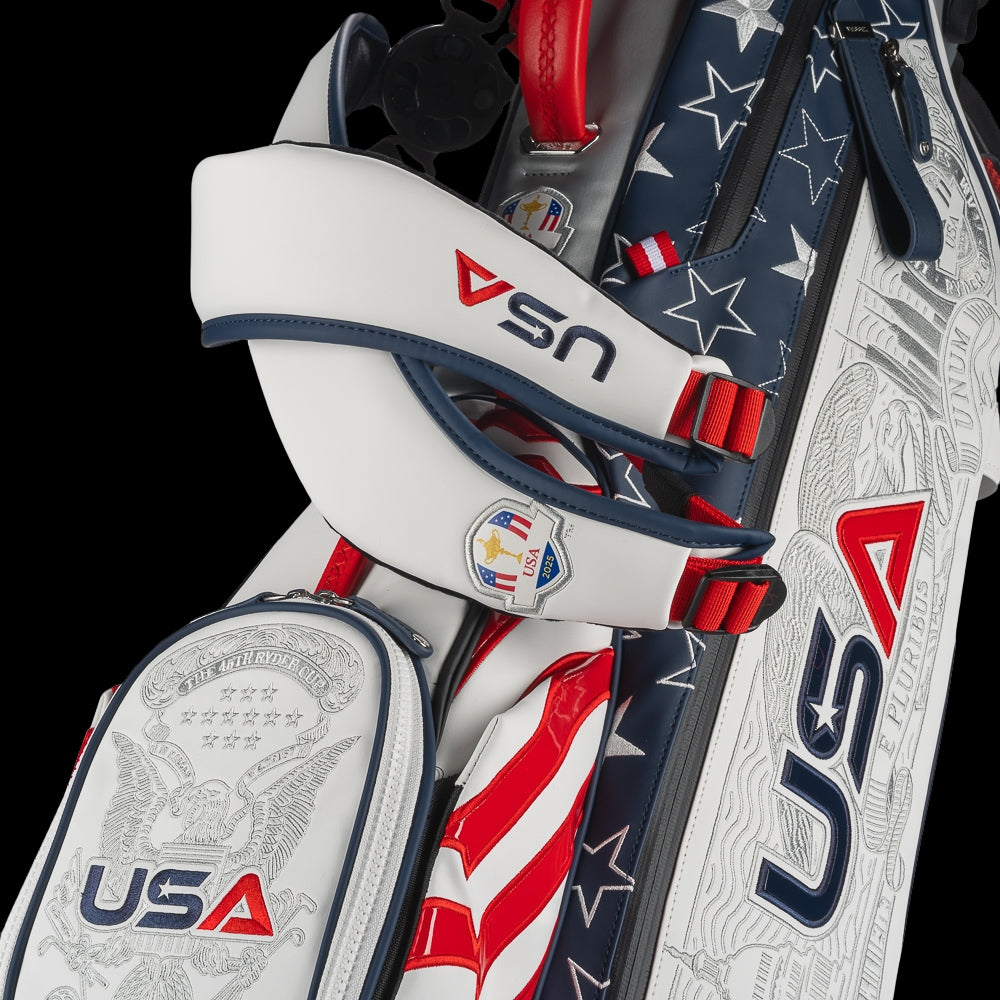SWAG Golf x Official Ryder Cup 2024 Team Vessel VLS Lux golf stand bag. Featuring a red, white, and blue USA design.