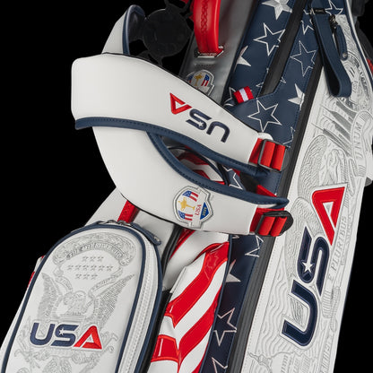 SWAG Golf x Official Ryder Cup 2024 Team Vessel VLS Lux golf stand bag. Featuring a red, white, and blue USA design.