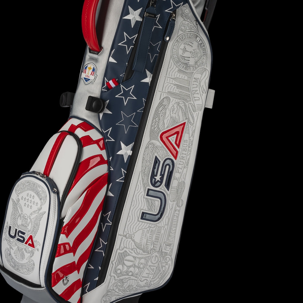 SWAG Golf x Official Ryder Cup 2024 Team Vessel VLS Lux golf stand bag. Featuring a red, white, and blue USA design.