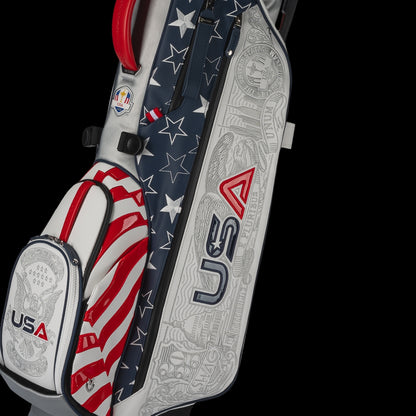 SWAG Golf x Official Ryder Cup 2024 Team Vessel VLS Lux golf stand bag. Featuring a red, white, and blue USA design.