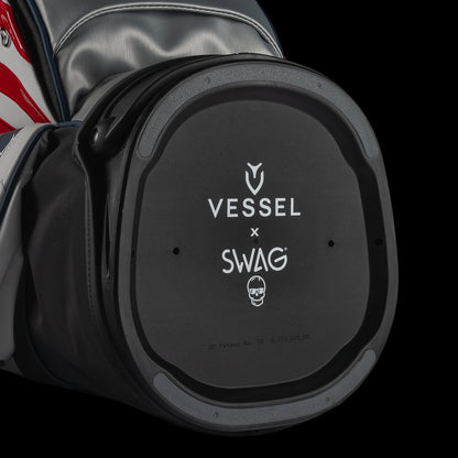 SWAG Golf x Official Ryder Cup 2024 Team Vessel VLS Lux golf stand bag. Featuring a red, white, and blue USA design.