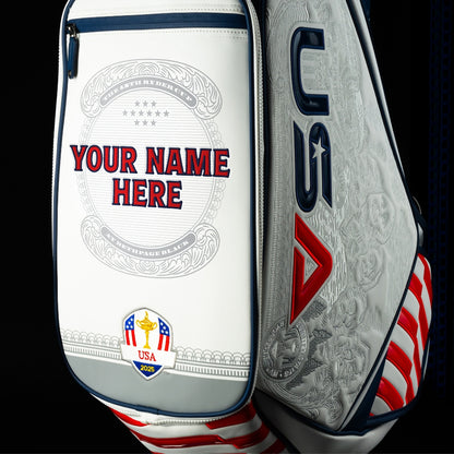 SWAG Golf x Official Ryder Cup 2024 Team Vessel Prime Staff 2.0 golf bag. Featuring a red, white, and blue USA design.