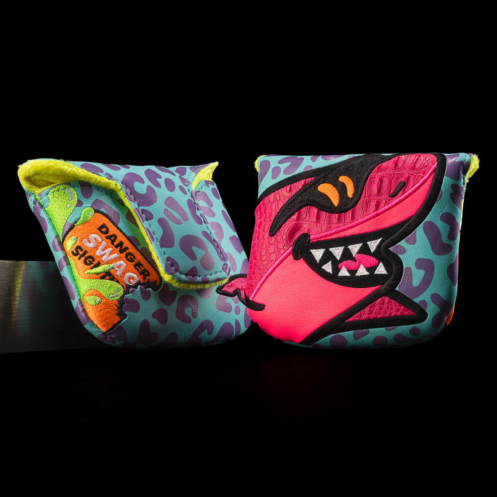 SWAG Golf Big Shark mallet golf headcover in pink, aqua, purple and green colors. Made in the USA.