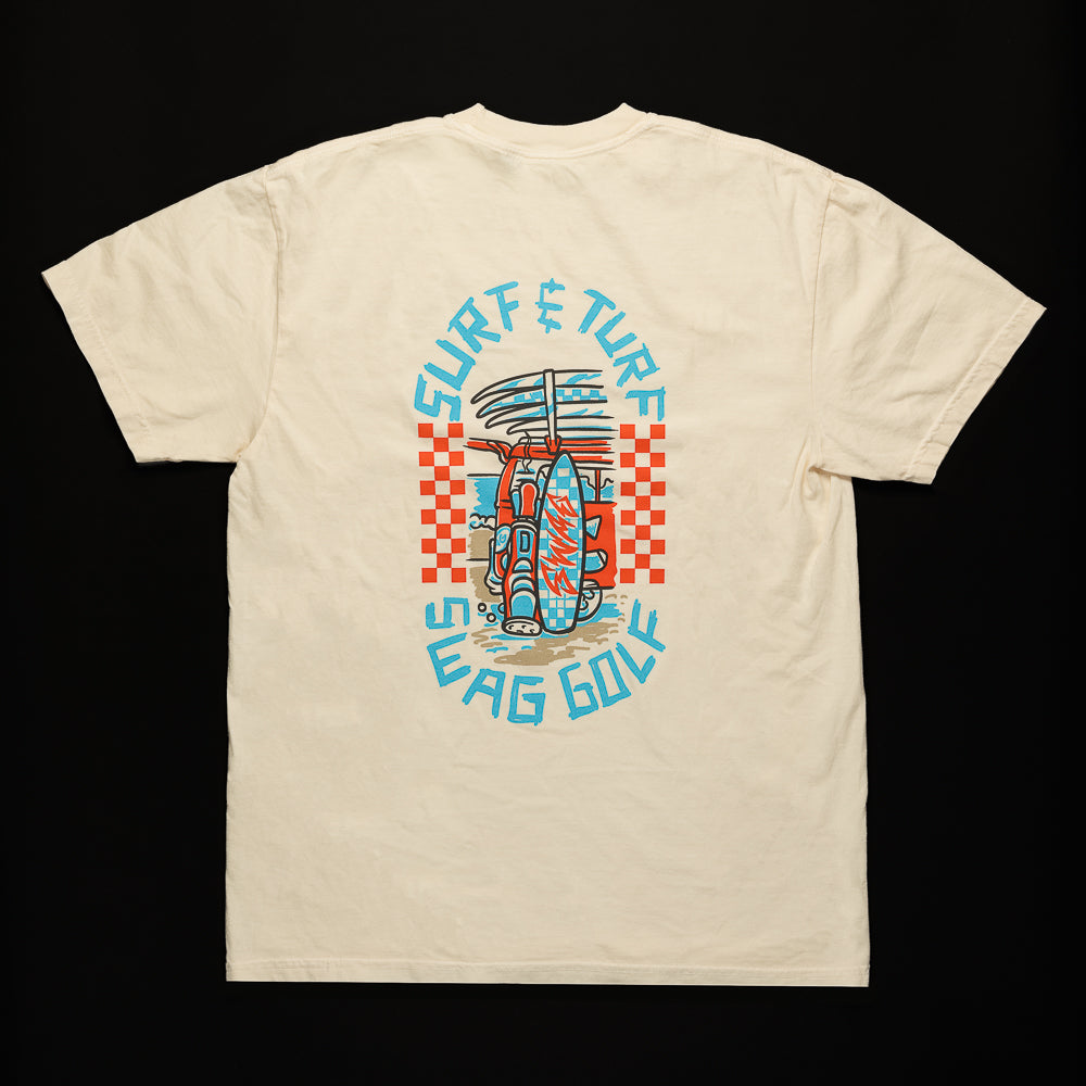 SWAG Golf surf & turf cream short sleeve graphic print garment dyed t-shirt.