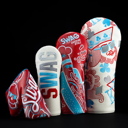 SWAG Golf headcover starter box featuring a driver, fairway, hybrid, and putter headcover.