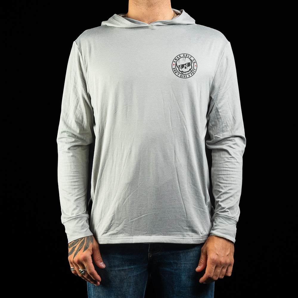 SWAG Golf x AndersonOrd blacks beach grey heather men's long sleeve performance golf hoodie.