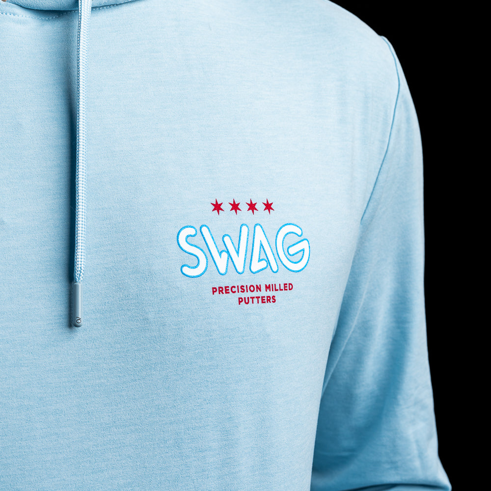 SWAG Golf x AndersonOrd blue fog heather long sleeve performance men's golf hoodie.