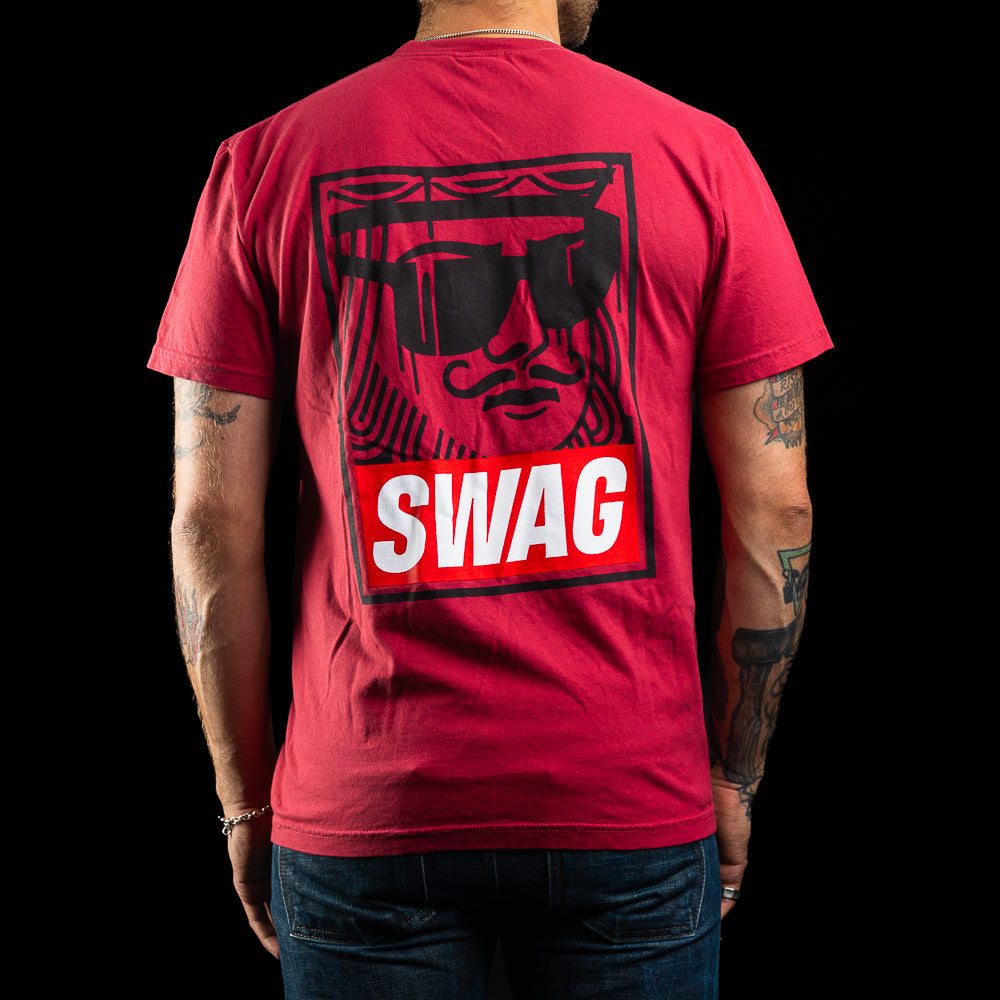 Red short sleeve men's graphic t-shirt with King and SWAG on the front and back.