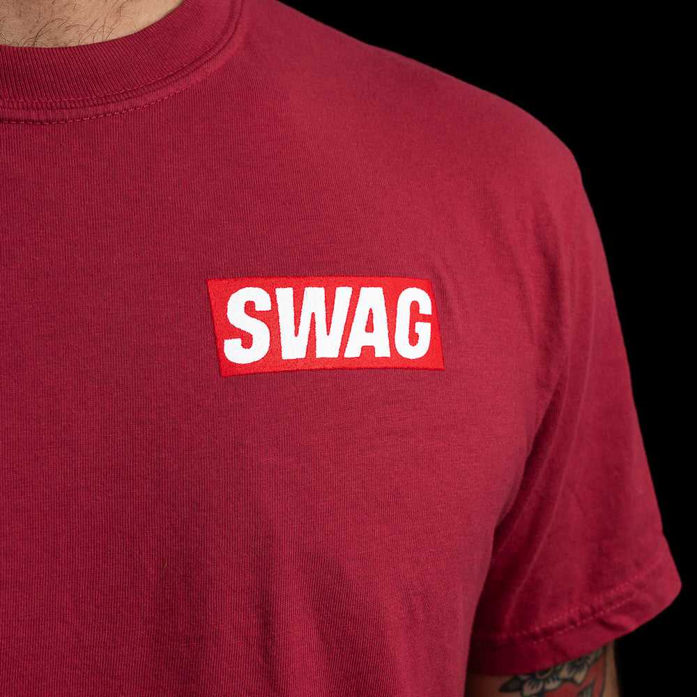 Red short sleeve men's graphic t-shirt with King and SWAG on the front and back.
