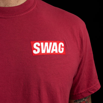Red short sleeve men's graphic t-shirt with King and SWAG on the front and back.