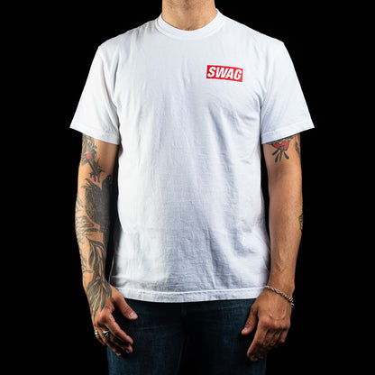 SWAG Golf men's white short sleeve graphic t-shirt with dripping skull print and red SWAG logo.