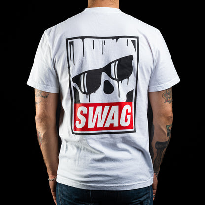 SWAG Golf men's white short sleeve graphic t-shirt with dripping skull print and red SWAG logo.