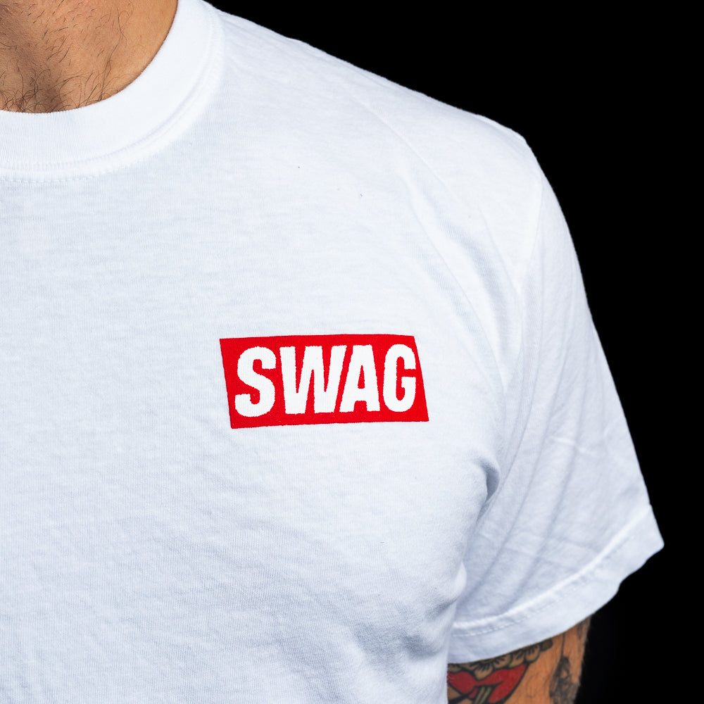 SWAG Golf men's white short sleeve graphic t-shirt with dripping skull print and red SWAG logo.