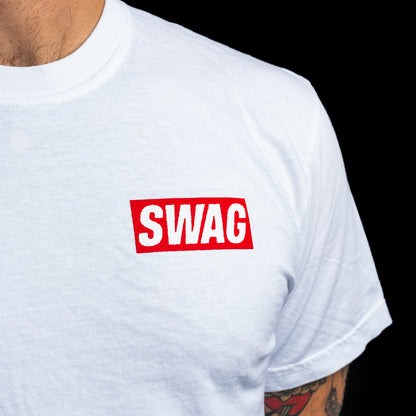 SWAG Golf men's white short sleeve graphic t-shirt with dripping skull print and red SWAG logo.