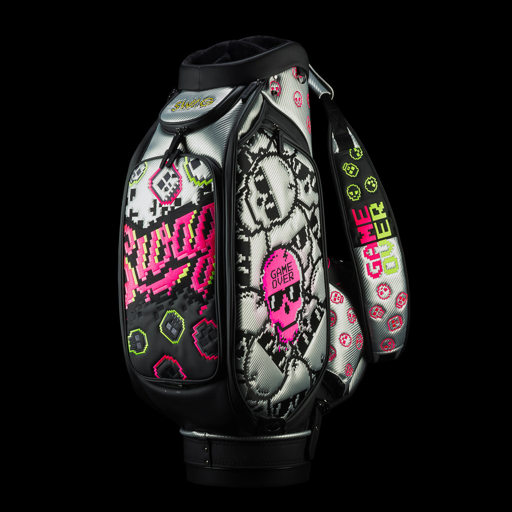 SWAG Golf Game Over silver, black, and neon pink golf staff bag accessory.