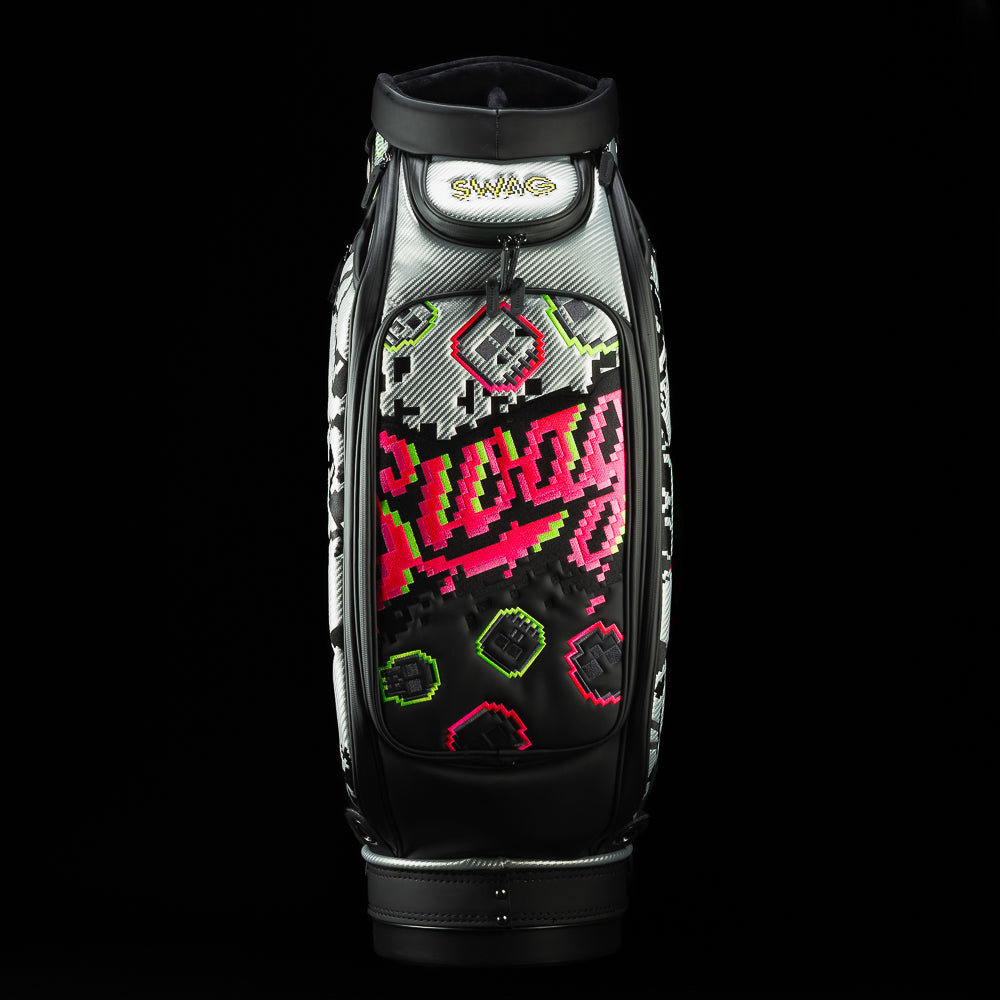 SWAG Golf Game Over silver, black, and neon pink golf staff bag accessory.