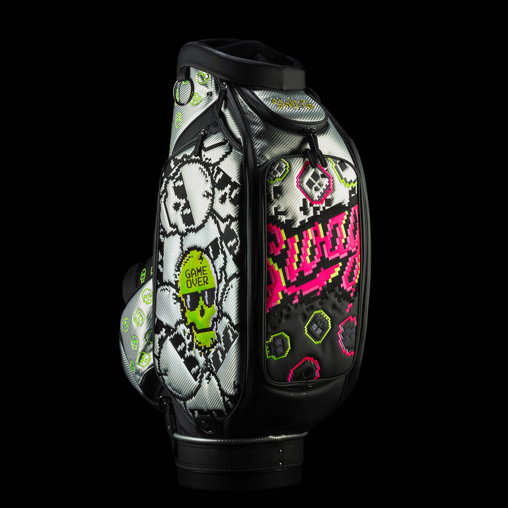 SWAG Golf Game Over silver, black, and neon pink golf staff bag accessory.