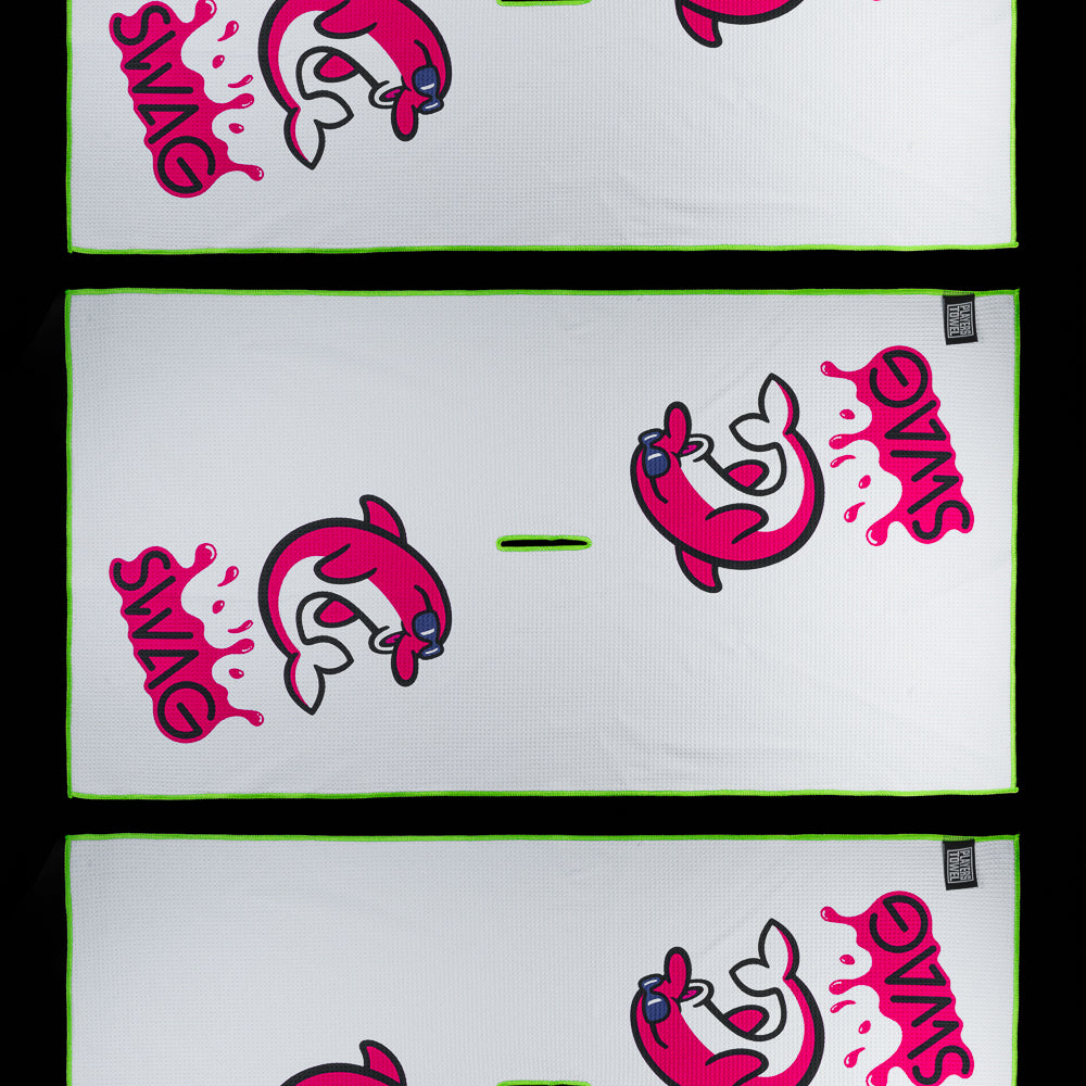 Swag players towel golf accessory with pink flipper logo and neon green trim. 